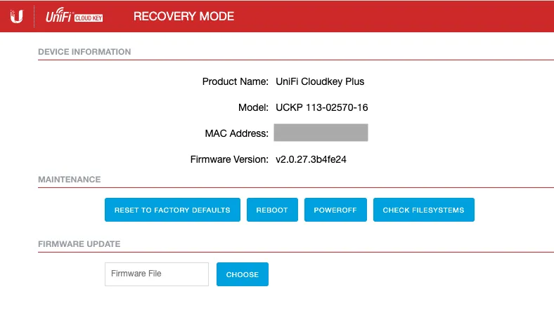Recovery Mode des UniFi Cloud Key Gen2 Plus im Browser mit Speicher-Check