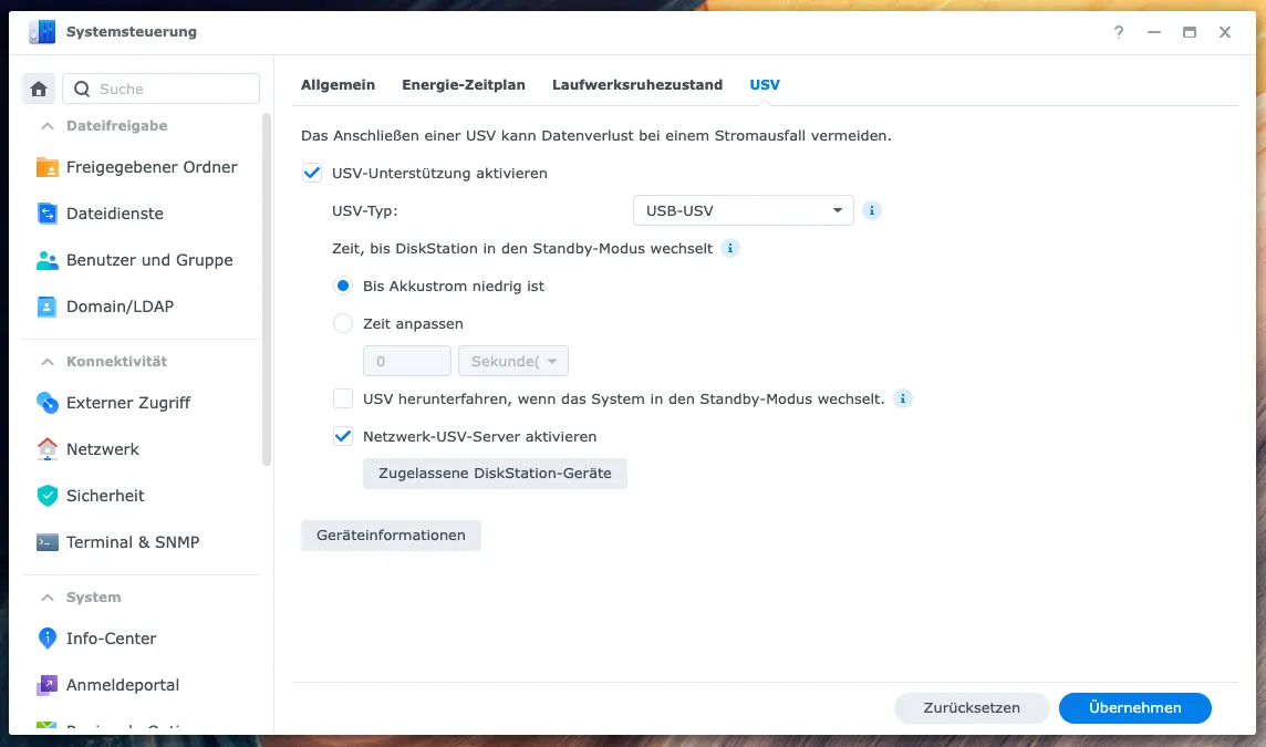 Synology DSM Systemsteuerung – USV-Einstellungen mit aktiviertem Netzwerk-USV-Server